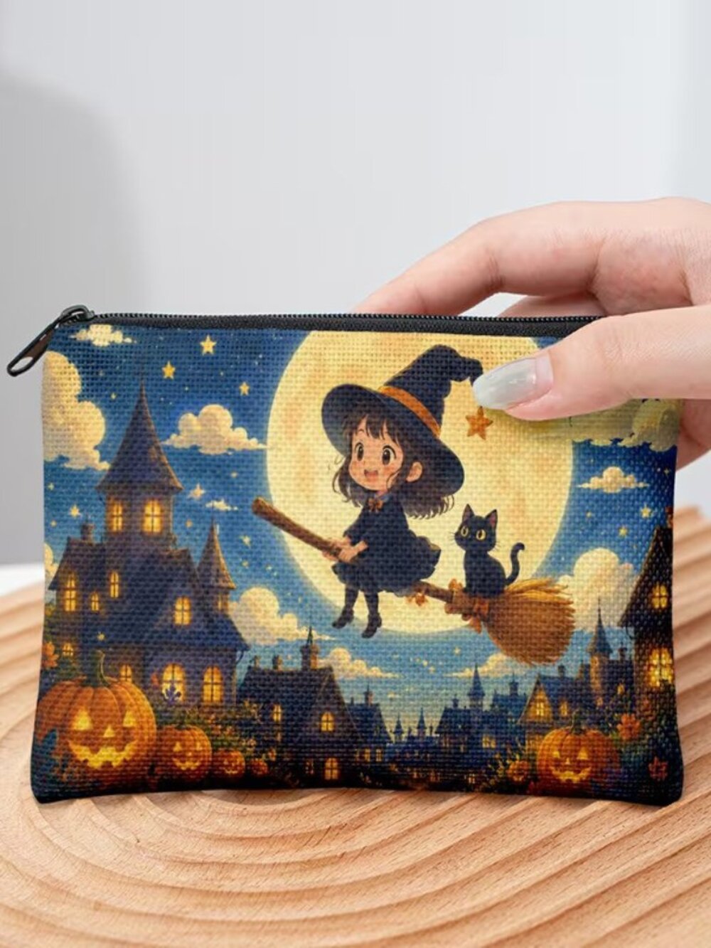 Halloween Gothic Witch w Cat & Pumpkins Makeup Bag Double-Sided 4.1"h x 5.5"w